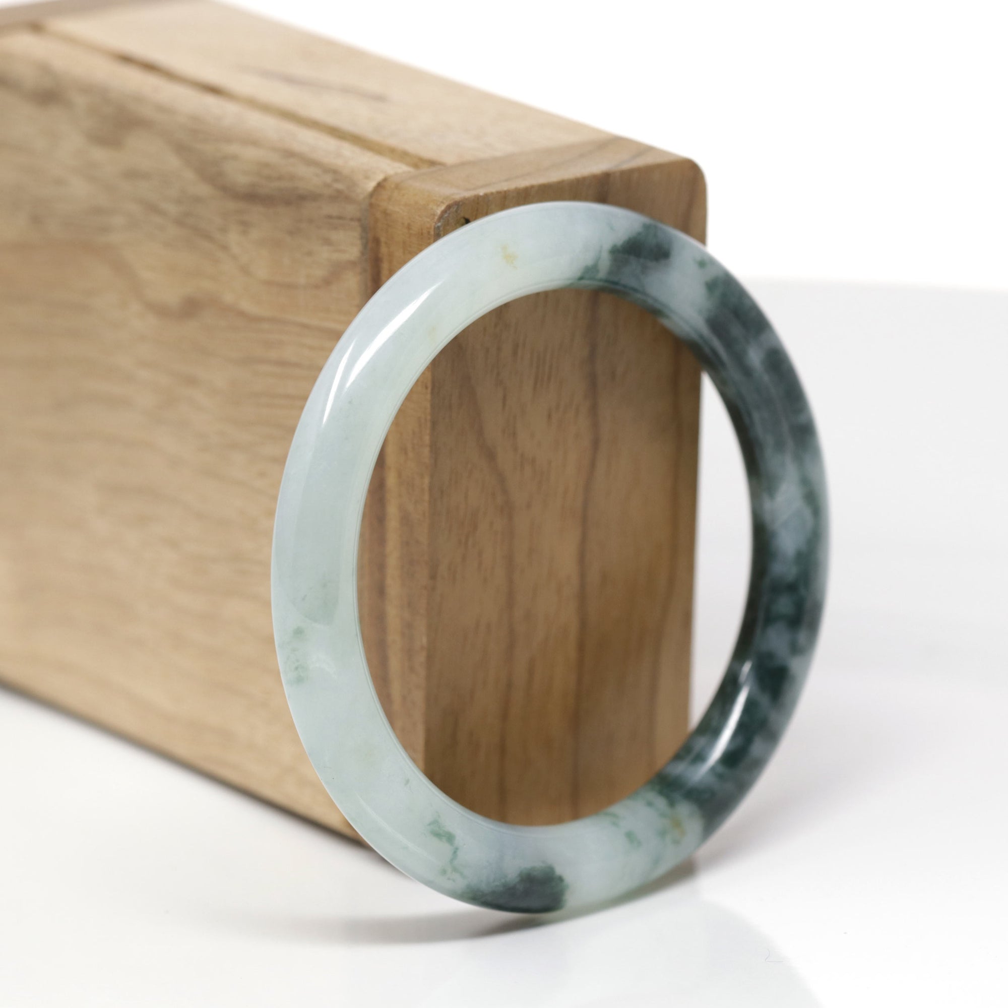 Baikalla Natural Icy Green W/ Deep Blue-Green Flowers Jadeite Jade "Traditional Round" Bangle Bracelet (51.3mm)