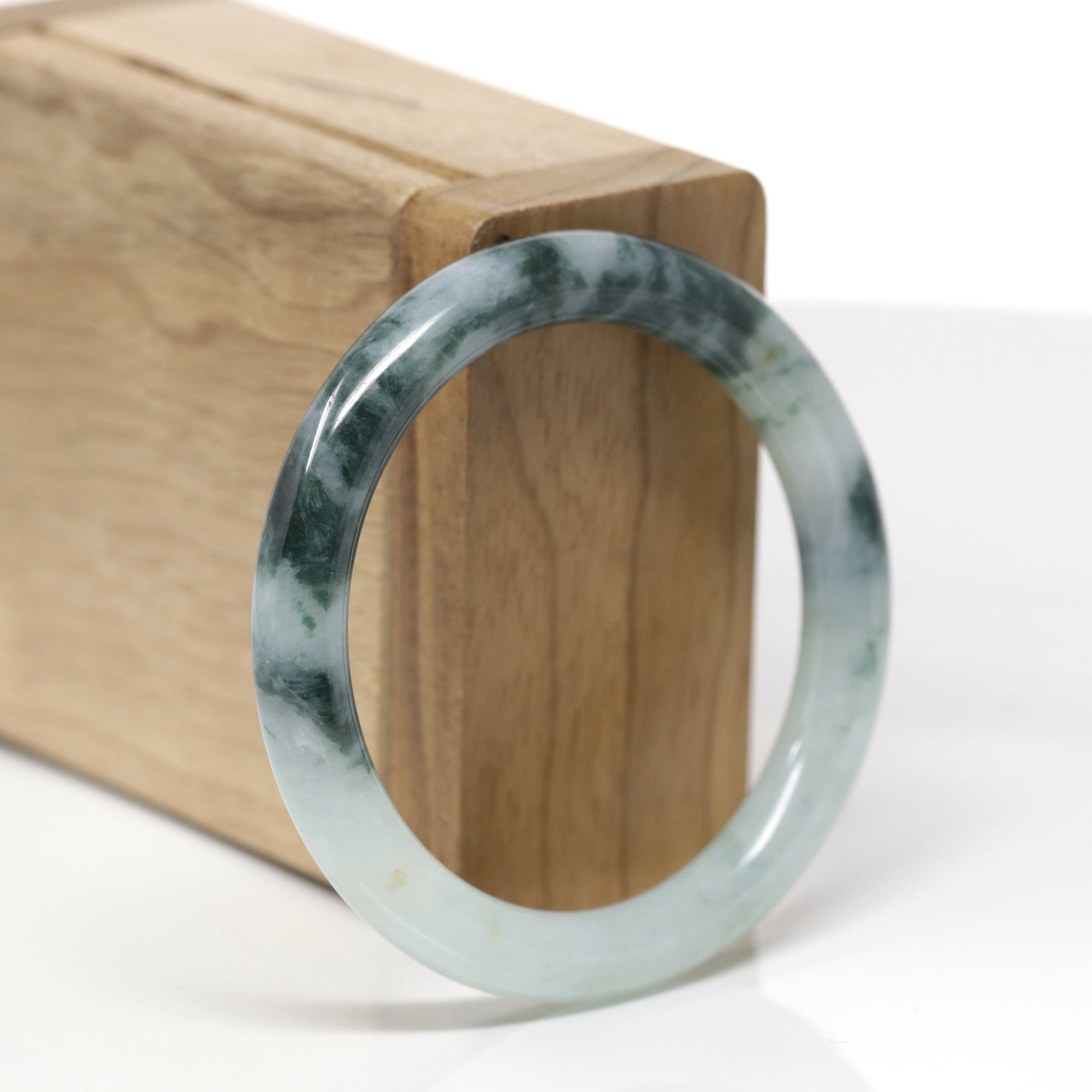 Baikalla Natural Icy Green W/ Deep Blue-Green Flowers Jadeite Jade "Traditional Round" Bangle Bracelet (51.3mm)