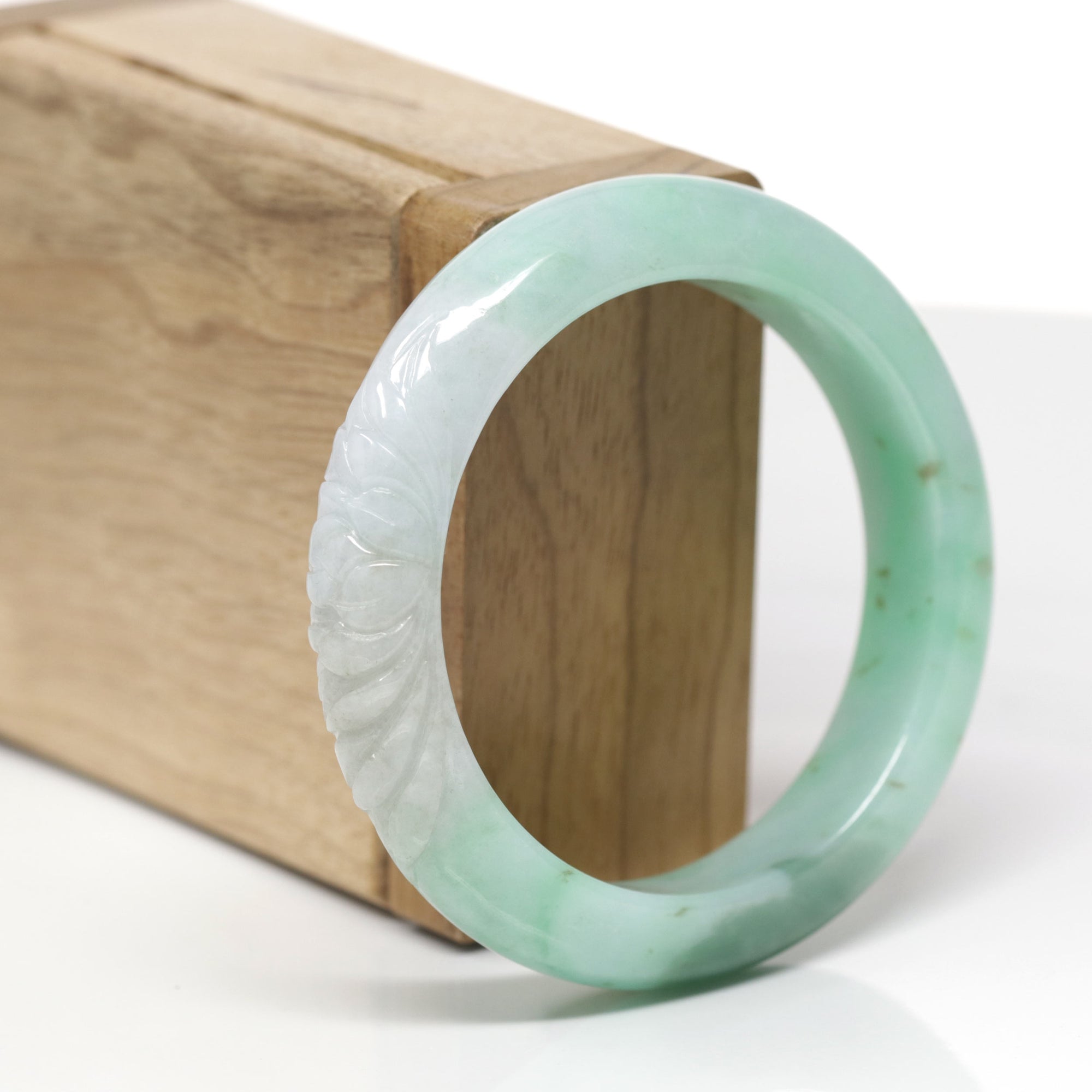Baikalla Lotus Carving Natural Green Jadeite Jade "Half Round" Bangle Bracelet (53.6mm) 