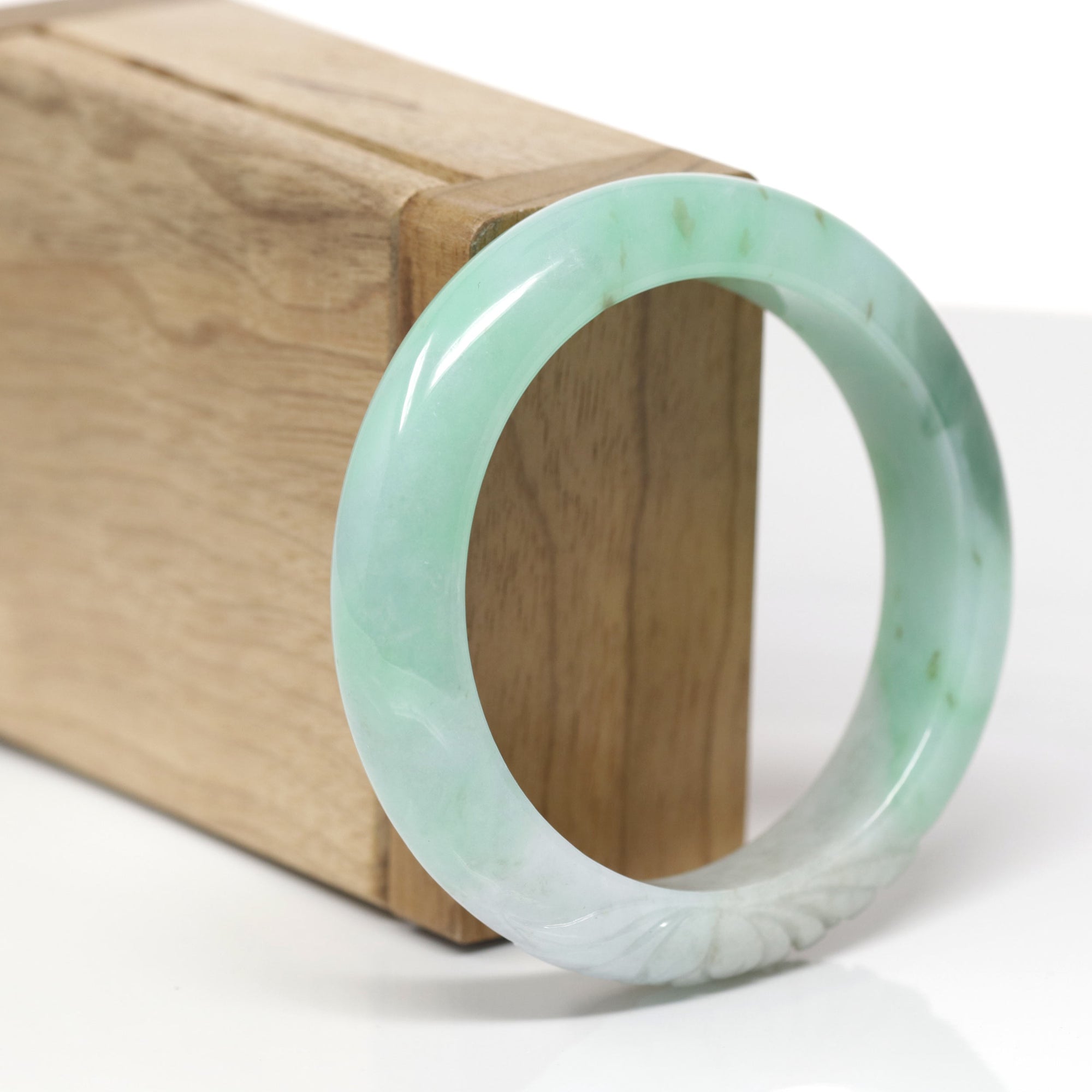Baikalla Lotus Carving Natural Green Jadeite Jade "Half Round" Bangle Bracelet (53.6mm) 