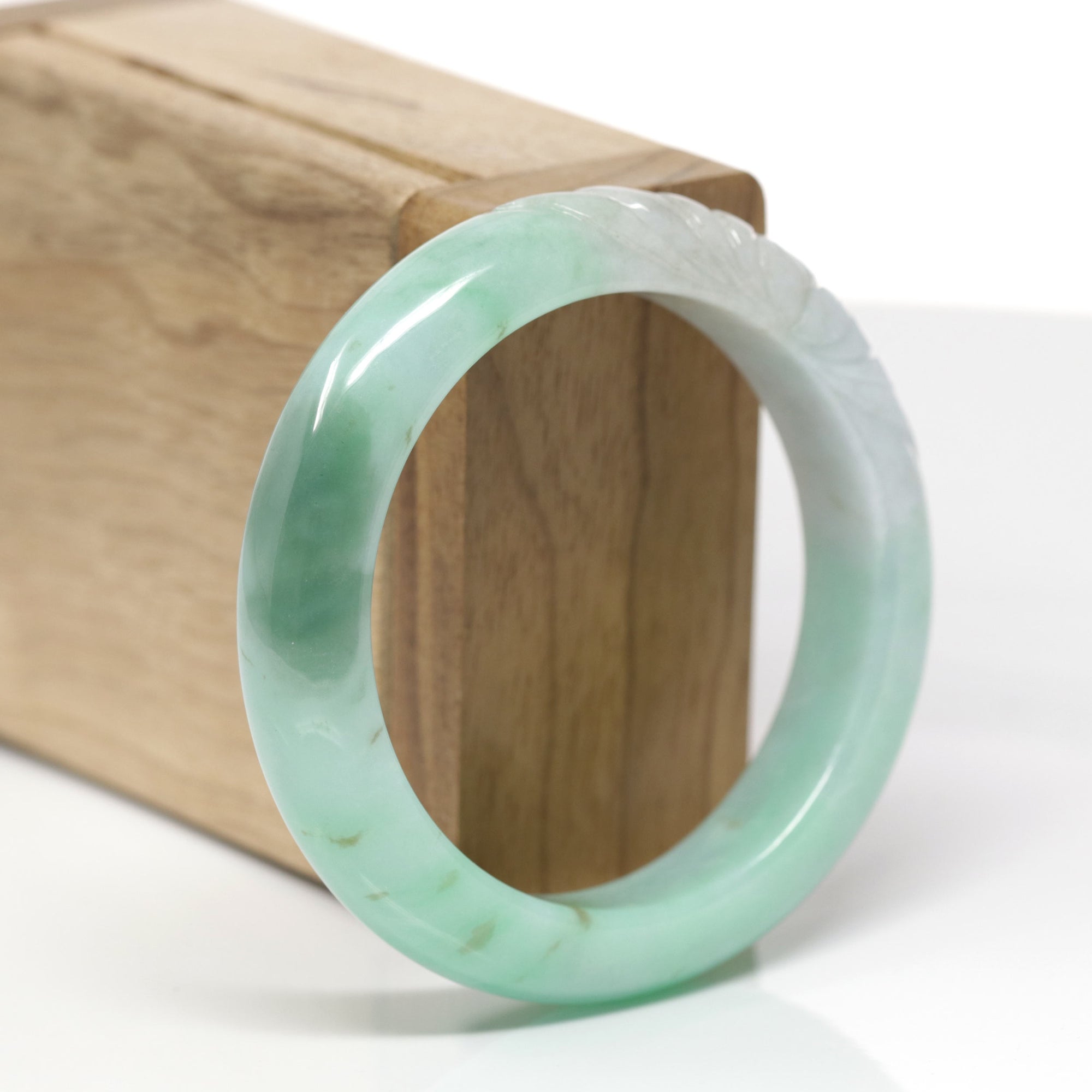 Baikalla Lotus Carving Natural Green Jadeite Jade "Half Round" Bangle Bracelet (53.6mm) 