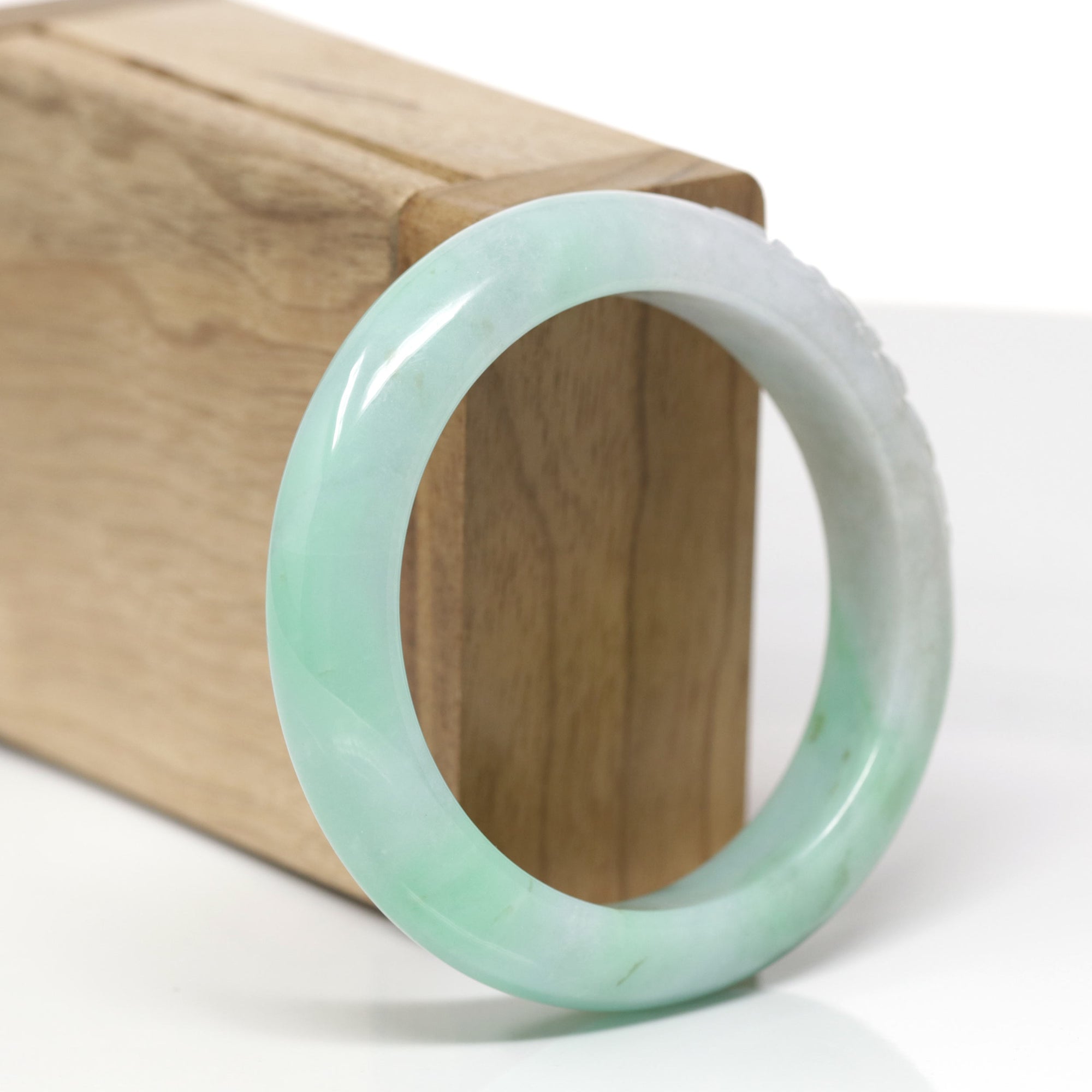 Baikalla Lotus Carving Natural Green Jadeite Jade "Half Round" Bangle Bracelet (53.6mm) 