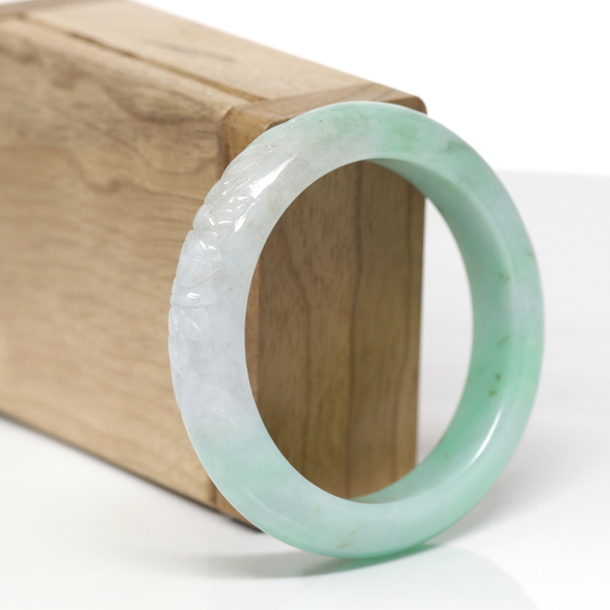 Baikalla Lotus Carving Natural Green Jadeite Jade "Half Round" Bangle Bracelet (53.6mm) 