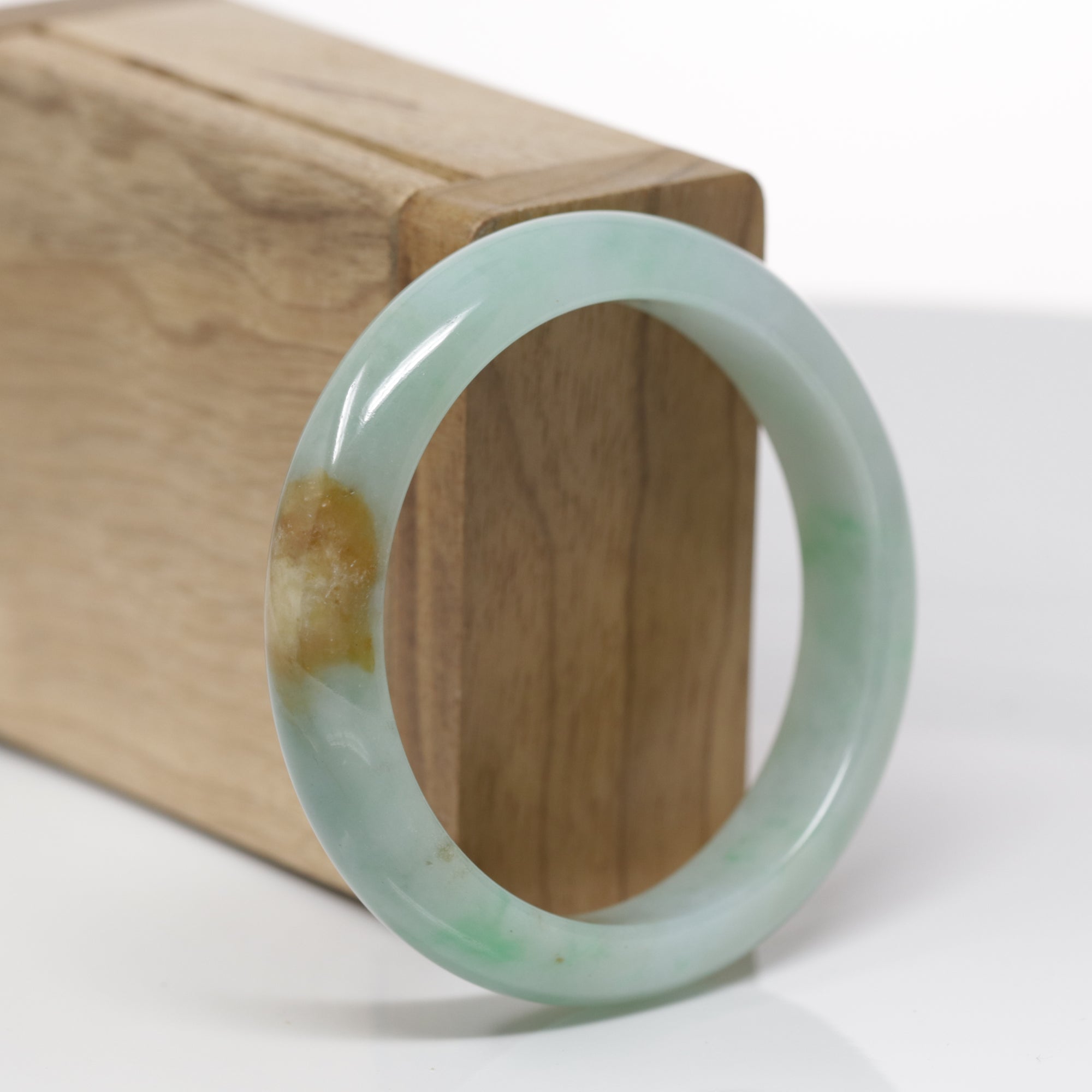 Baikalla Natural Green &amp; Yellow-Brown Patch Jadeite Jade "Half Round" Bangle Bracelet (54.3mm) 