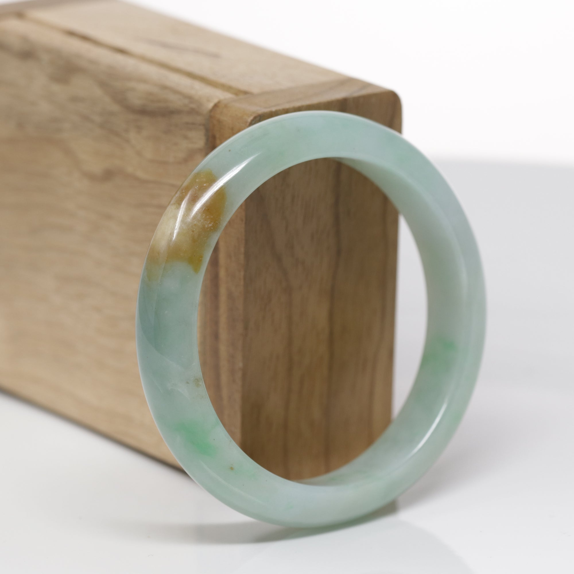Baikalla Natural Green &amp; Yellow-Brown Patch Jadeite Jade "Half Round" Bangle Bracelet (54.3mm) 