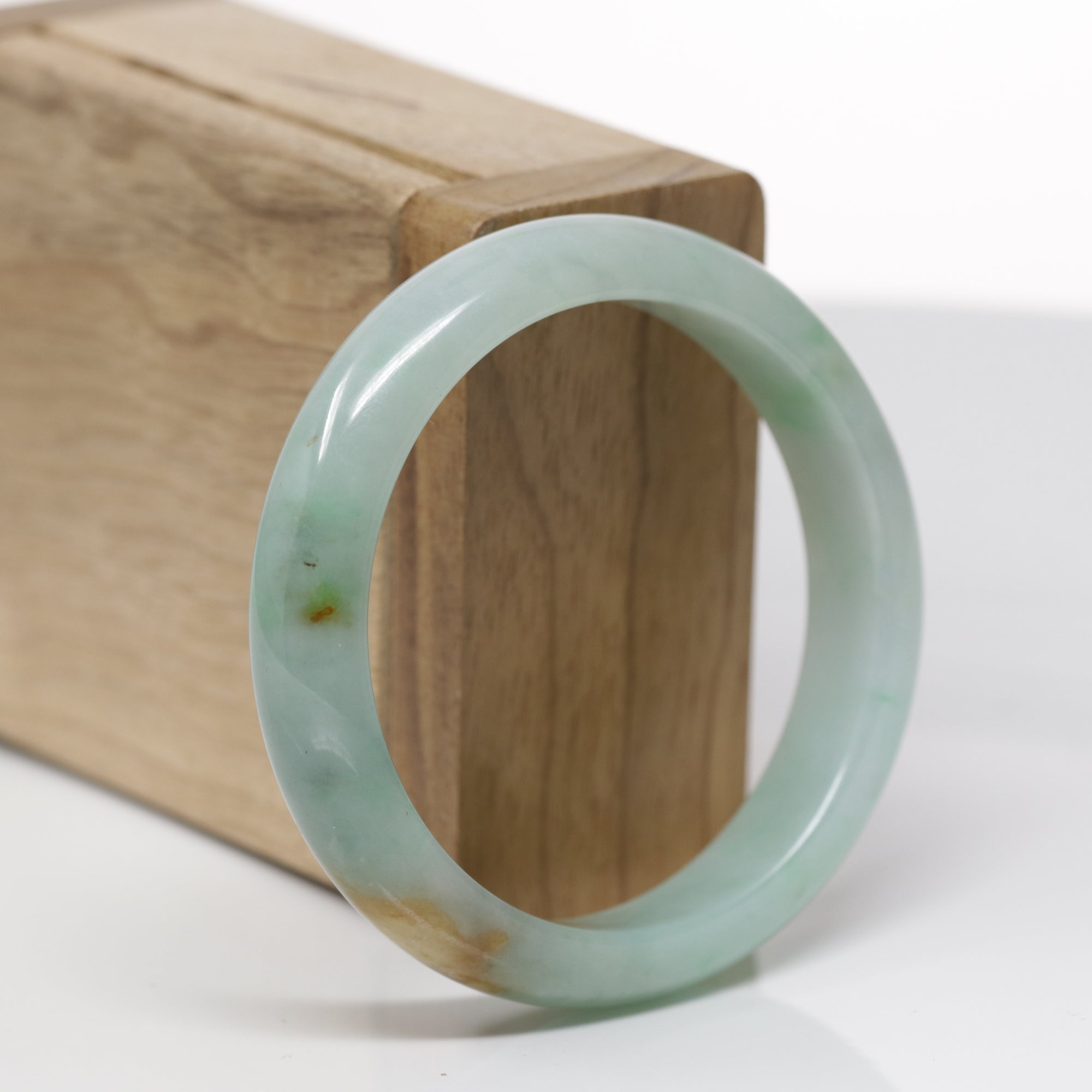 Baikalla Natural Green &amp; Yellow-Brown Patch Jadeite Jade "Half Round" Bangle Bracelet (54.3mm) 
