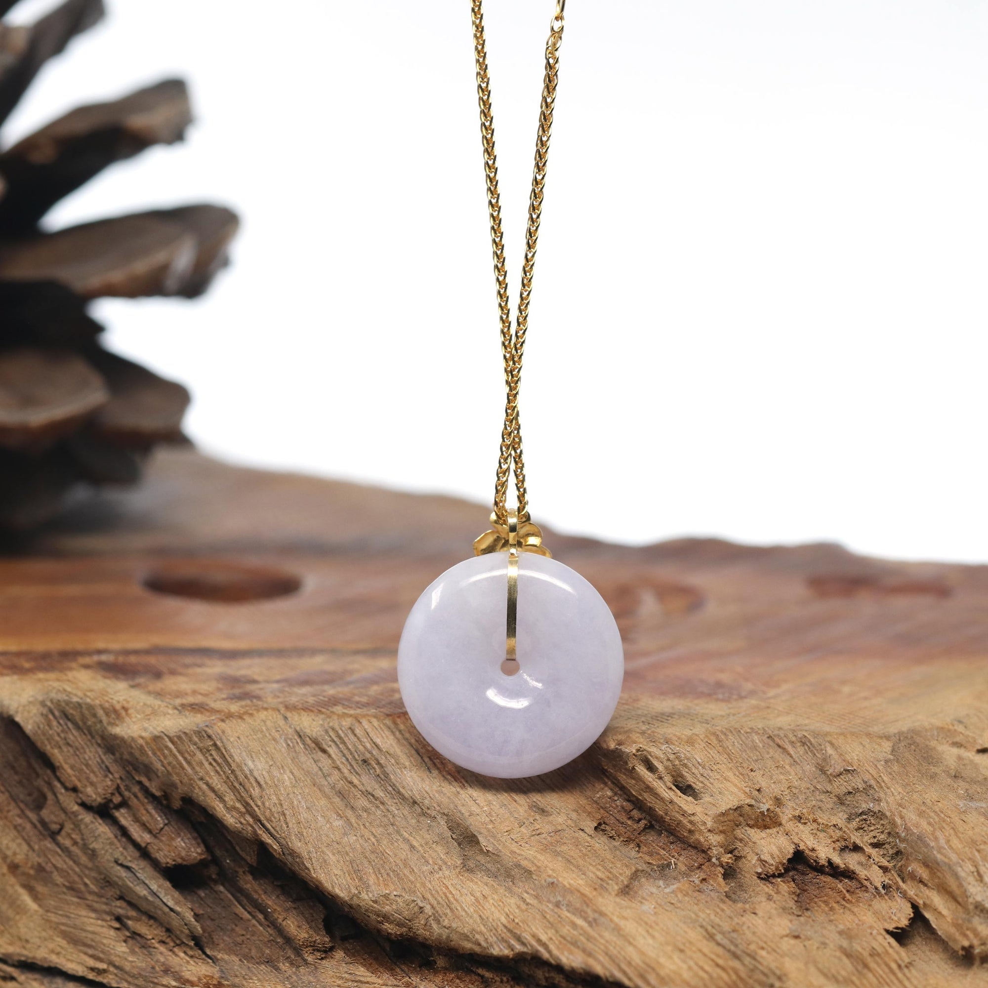 "Good Luck Button" Lavender Jadeite Jade KouKou Pendant With 18K Yellow Gold Bail
