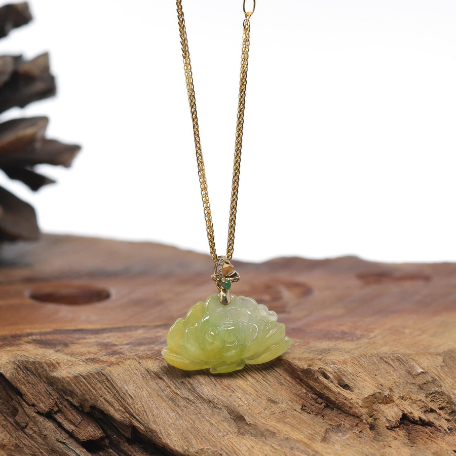 Baikalla Jadeite Jade Lotus Pendant W/ 18K Yellow Gold Butterfly Bail