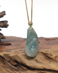 Baikalla Icy Oil-Green "Laughing Buddha" Jadeite Jade Pendant W/ 18K Yellow Gold Bail & Diamonds