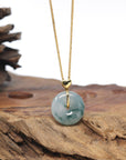 Baikalla "Ping An Kou" (Good Luck Button) Icy Blue-Green Flower Jadeite Jade Pendant W/ 18K Yellow Gold Bail