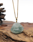 Baikalla Ice Blue Green Flower Jadeite Jade "Happy Buddha" Necklace With 18K Gold Bail