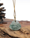 Baikalla Ice Blue Green Flower Jadeite Jade "Happy Buddha" Necklace With 18K Gold Bail