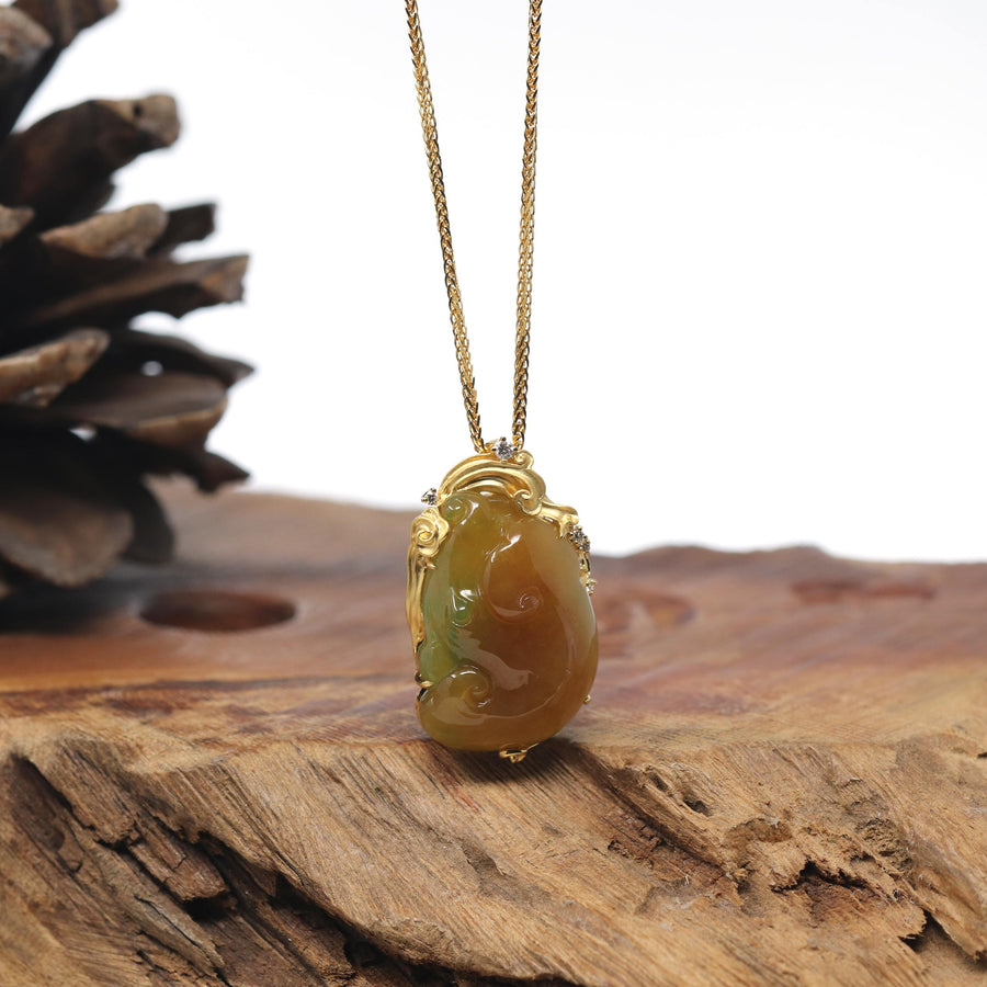 Baikalla "RuYi" Icy Brown & Green Jadeite Jade Pendant W/ 18K Yellow Gold & Diamonds