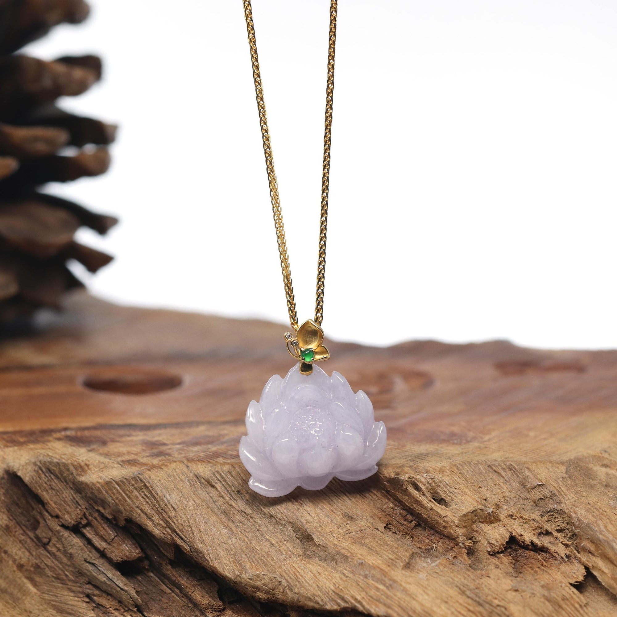 Baikalla Lavender Lotus Jadeite Jade Pendant W/ 18K Yellow Gold Butterfly Bail