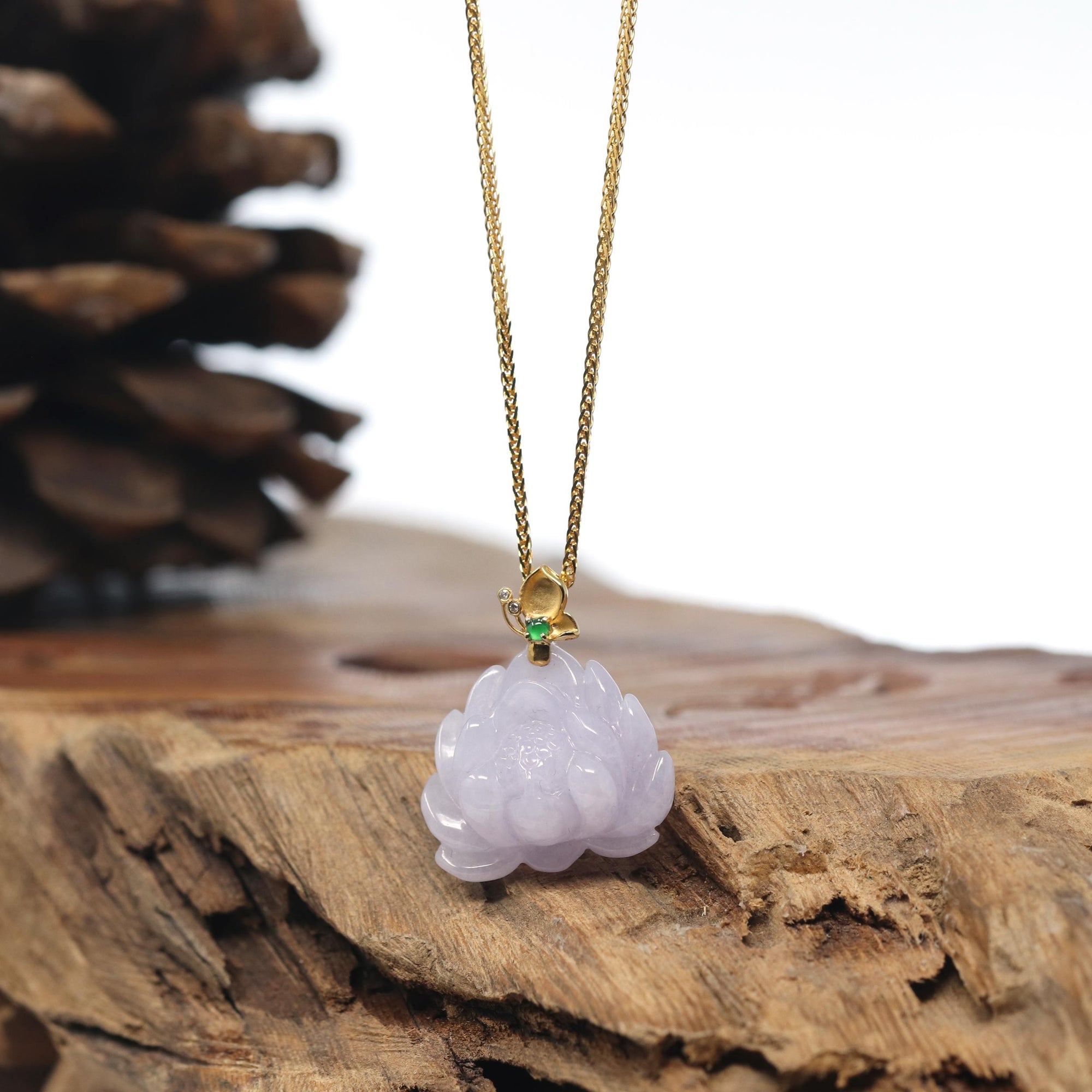 Baikalla Lavender Lotus Jadeite Jade Pendant W/ 18K Yellow Gold Butterfly Bail