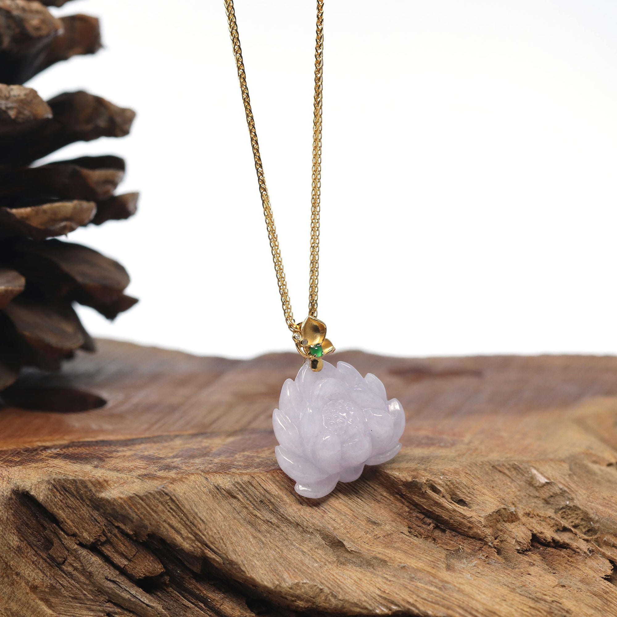 Baikalla Lavender Lotus Jadeite Jade Pendant W/ 18K Yellow Gold Butterfly Bail