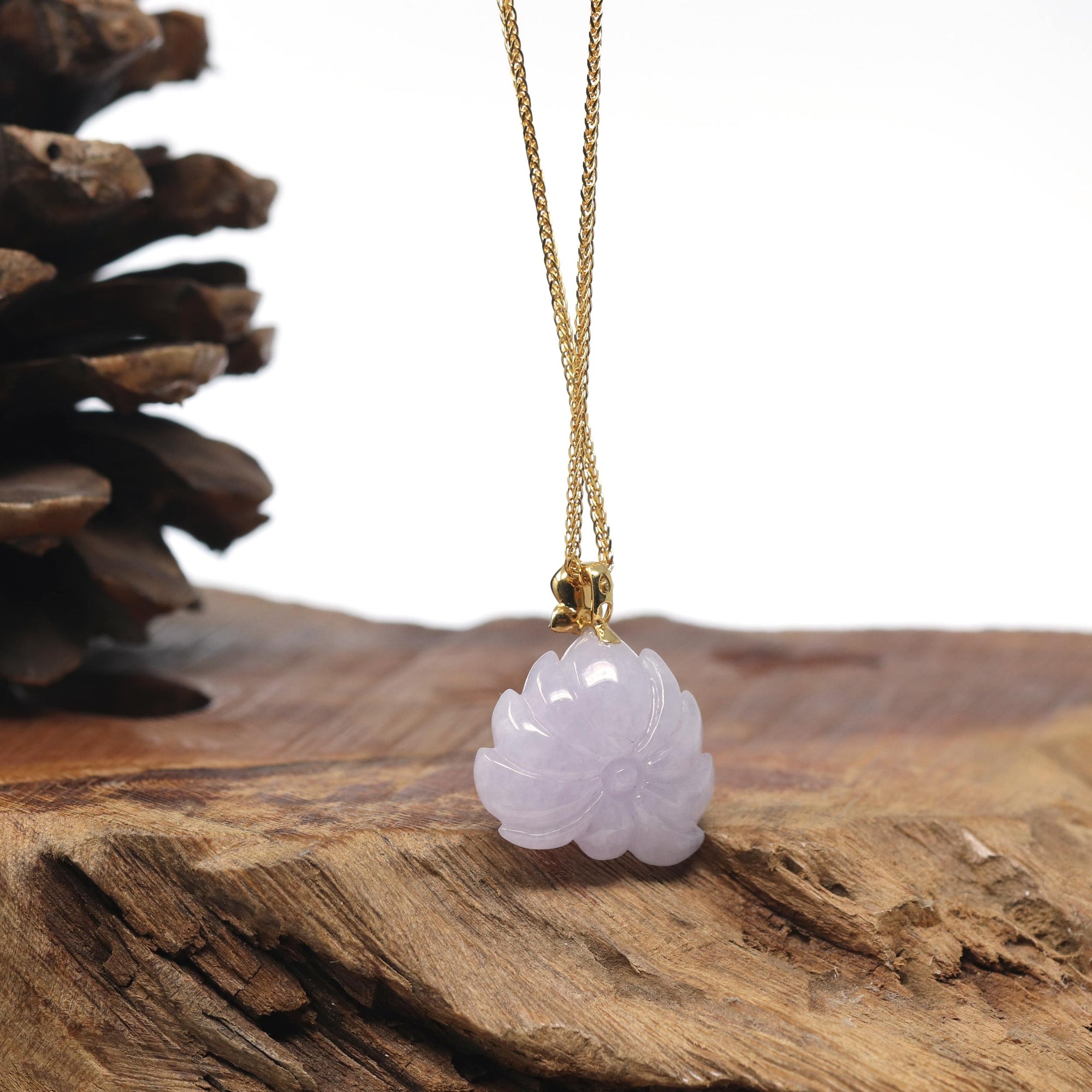 Baikalla Lavender Lotus Jadeite Jade Pendant W/ 18K Yellow Gold Butterfly Bail