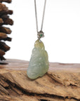 Icy Yellow Green Jadeite Jade Jade Nine Tail Fox Pendant W/ 18k White Gold Bail