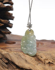 Icy Yellow Green Jadeite Jade Jade Nine Tail Fox Pendant W/ 18k White Gold Bail