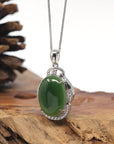 Sterling Silver Oval Deep Green Nephrite Jade Pendant with Diamonds