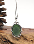 Sterling Silver Oval Deep Green Nephrite Jade Pendant with Diamonds