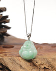 18k White Gold Natural Light Apple Green Jadeite Jade Buddha Pendant Necklace