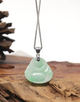 18k White Gold Natural Light Apple Green Jadeite Jade Buddha Pendant Necklace