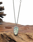 18K White Gold "Leaf" Necklace Ice Light Green Jadeite Jade Pendant w/ Natural Diamonds