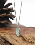 18K White Gold "Leaf" Necklace Ice Light Green Jadeite Jade Pendant w/ Natural Diamonds