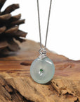 18K White Gold "Good Luck Button" Necklace Ice Light Blue Jadeite Jade Pendant Necklace