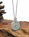 18K White Gold "Good Luck Button" Necklace Ice Light Blue Jadeite Jade Pendant Necklace