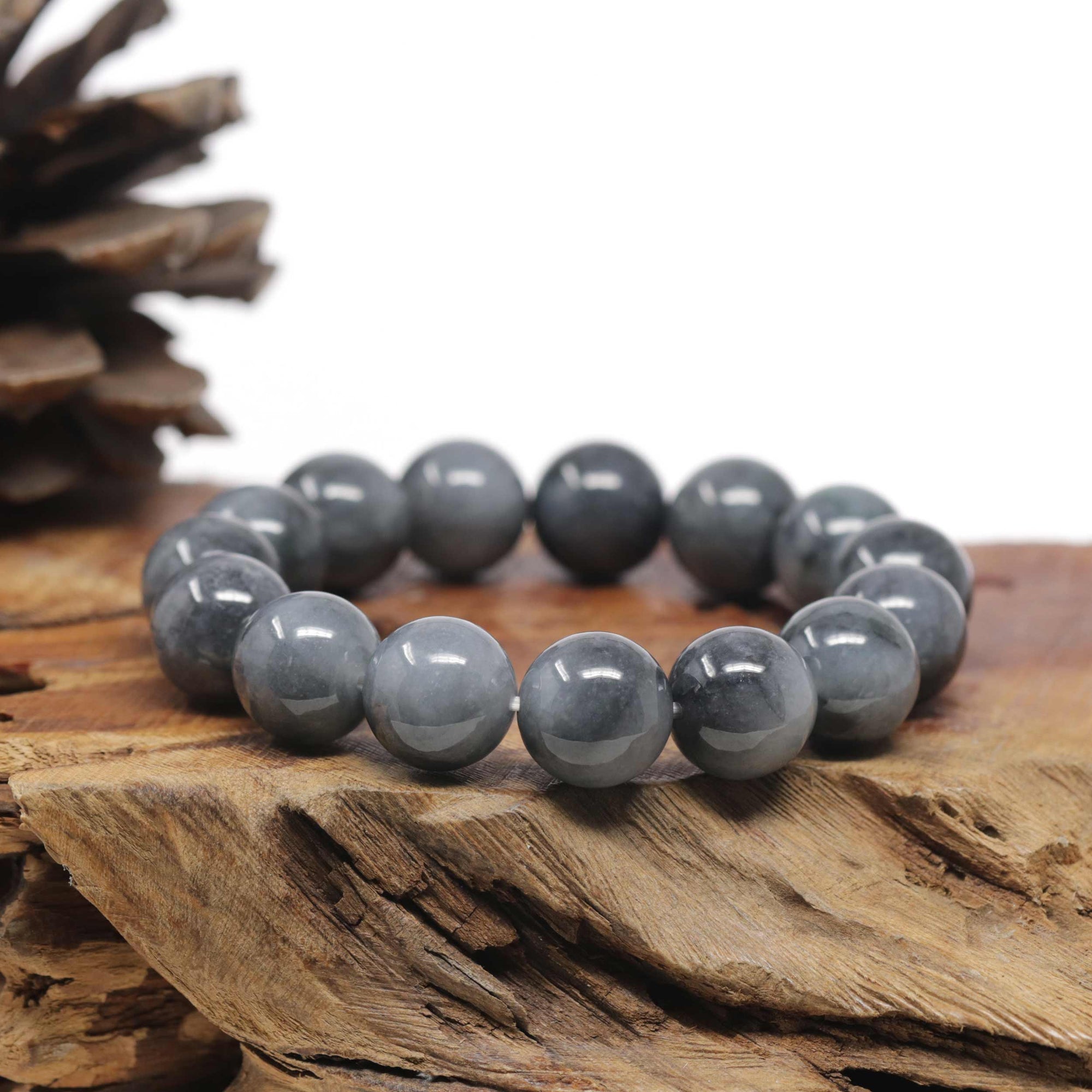 Baikalla Natural WuJi "乌鸡" Black &amp; Grey Jadeite Jade Large Round Beads Men's Bracelet (13.5mm)