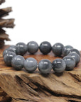 Baikalla Natural WuJi "乌鸡" Black & Grey Jadeite Jade Large Round Beads Men's Bracelet (13.5mm)