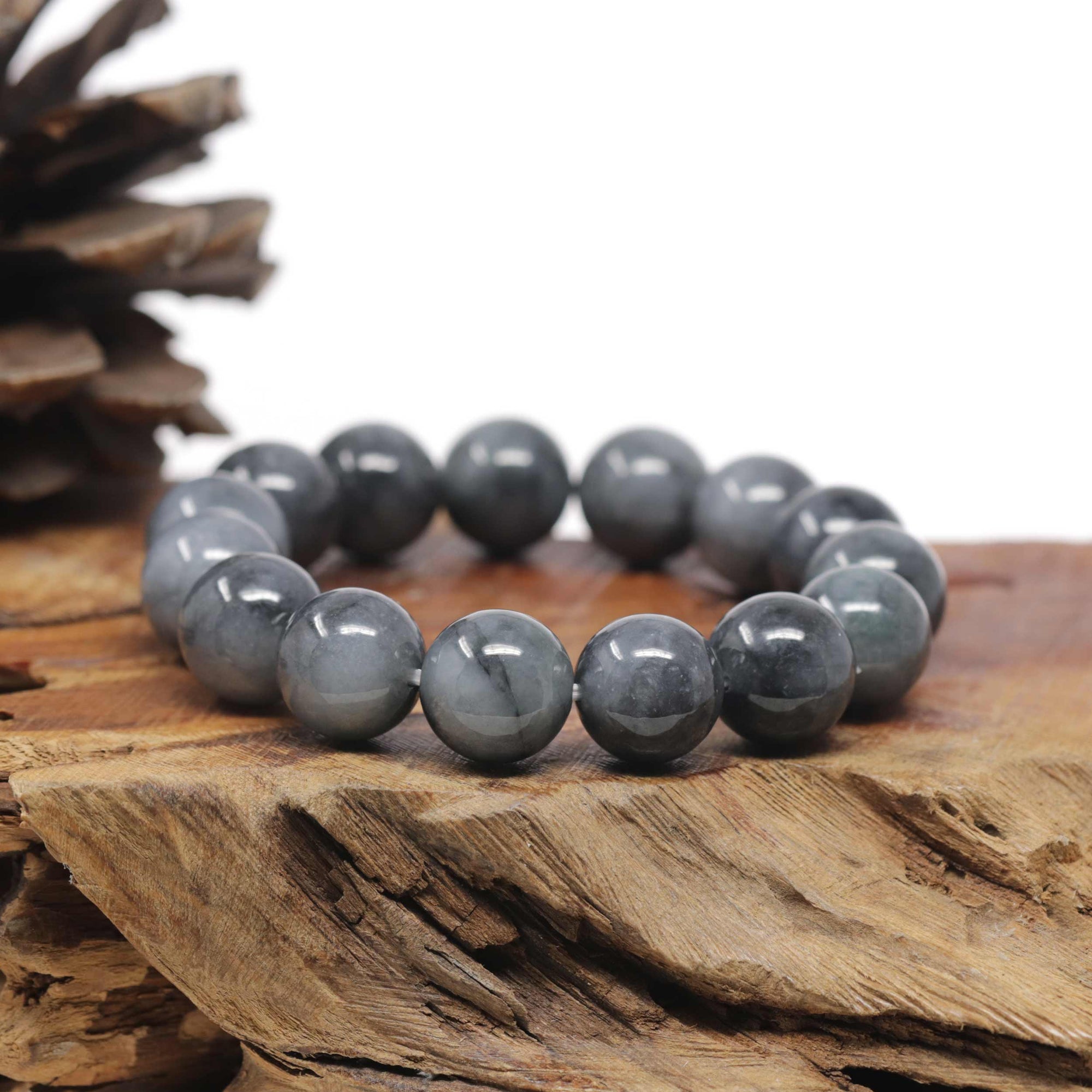 Baikalla Natural WuJi "乌鸡" Black &amp; Grey Jadeite Jade Large Round Beads Men's Bracelet (13.5mm)