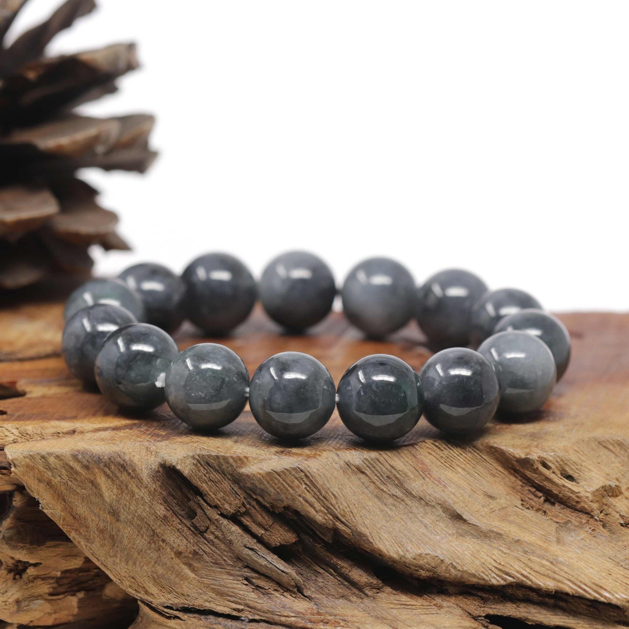 Baikalla Natural WuJi "乌鸡" Black &amp; Grey Jadeite Jade Large Round Beads Men's Bracelet (13.5mm)
