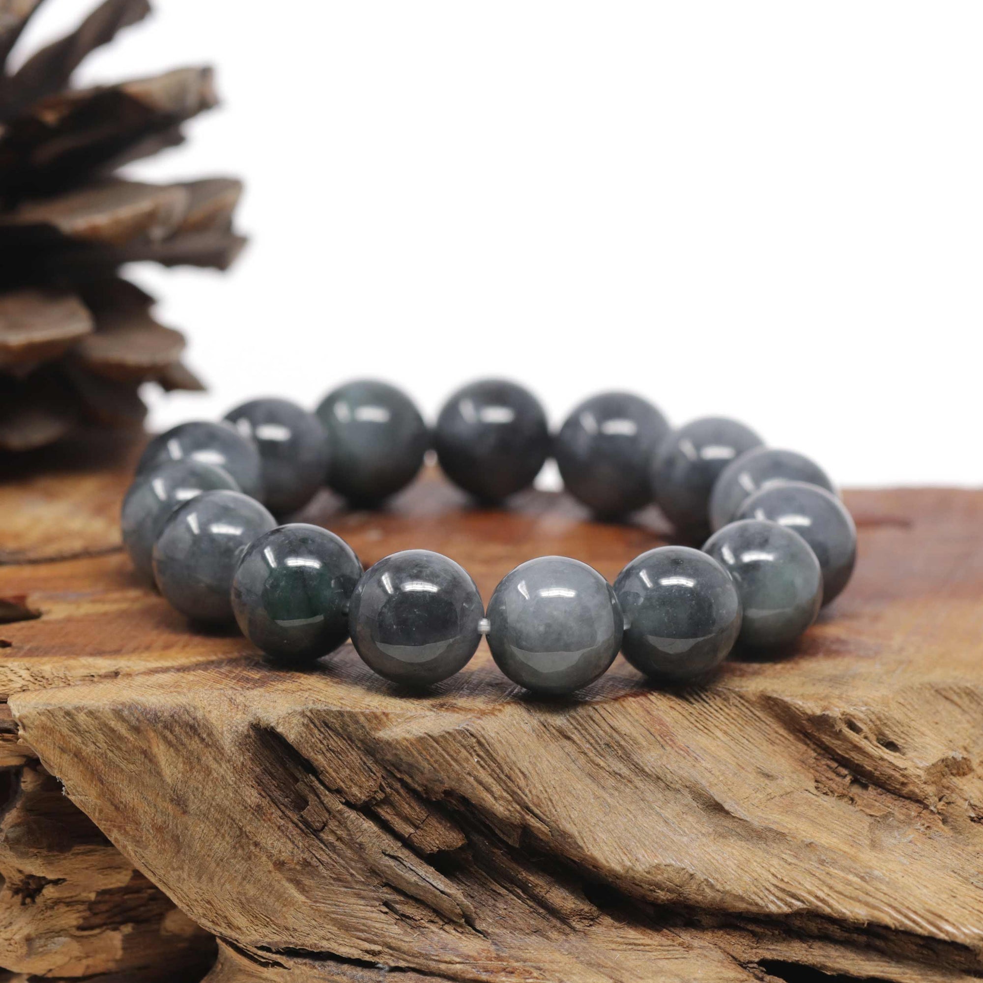 Baikalla Natural WuJi "乌鸡" Black &amp; Grey Jadeite Jade Large Round Beads Men's Bracelet (13.5mm)