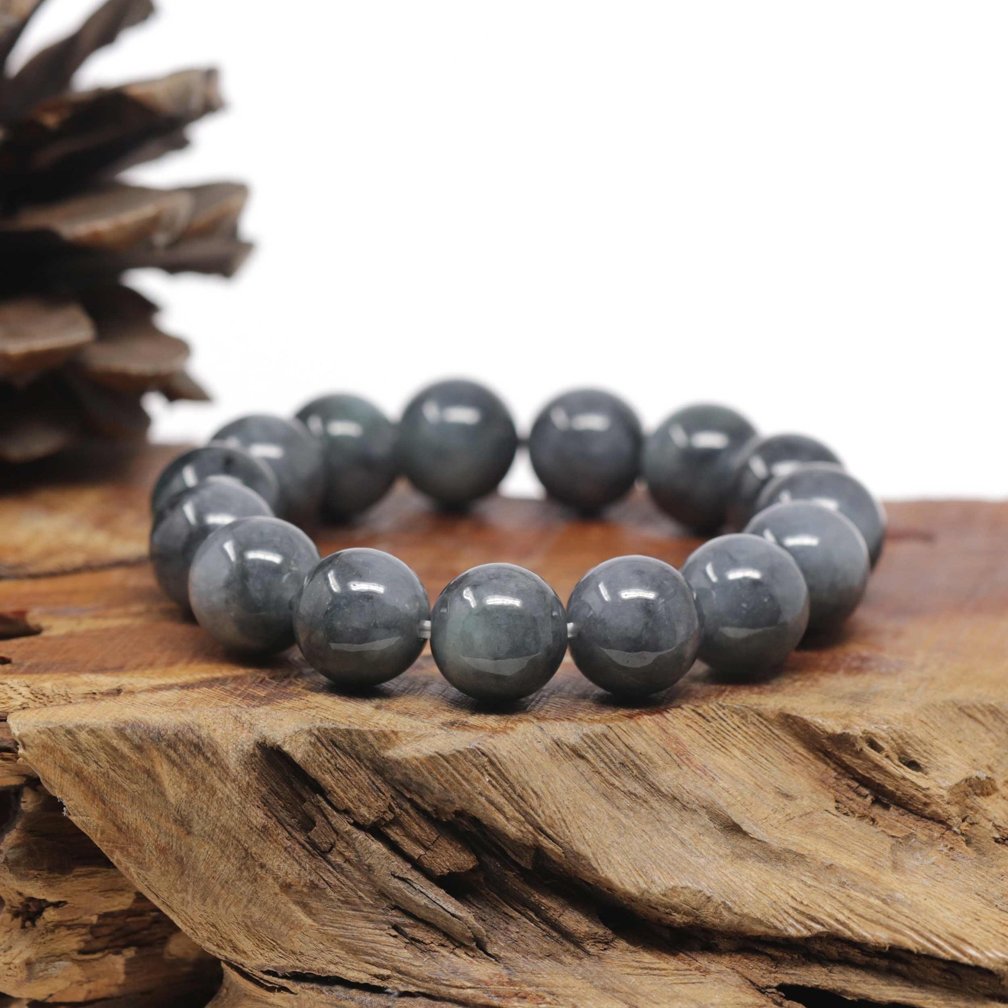 Baikalla Natural WuJi "乌鸡" Black &amp; Grey Jadeite Jade Large Round Beads Men's Bracelet (13.5mm)