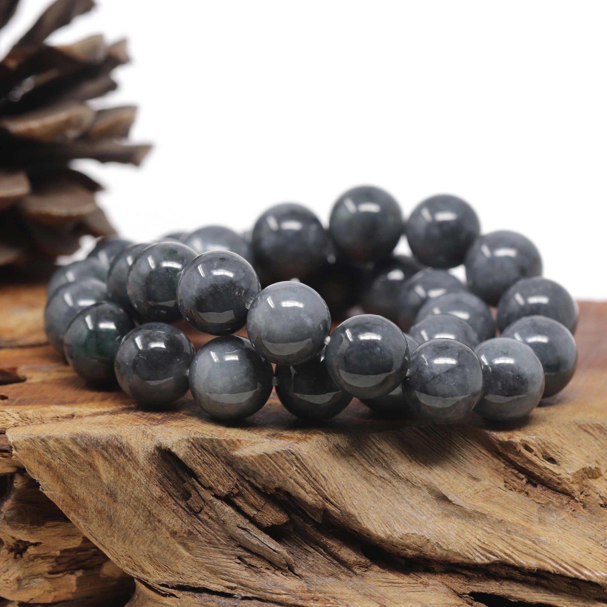 Baikalla Natural WuJi "乌鸡" Black &amp; Grey Jadeite Jade Large Round Beads Men's Bracelet (13.5mm)