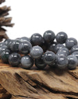 Baikalla Natural WuJi "乌鸡" Black & Grey Jadeite Jade Large Round Beads Men's Bracelet (13.5mm)