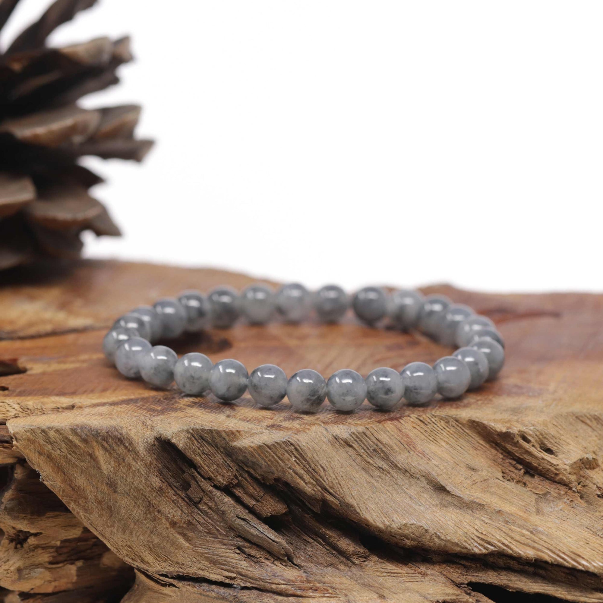 Baikalla Black &amp; Grey Wuji Genuine Jadeite Jade Round Bead Bracelet (6.5mm)