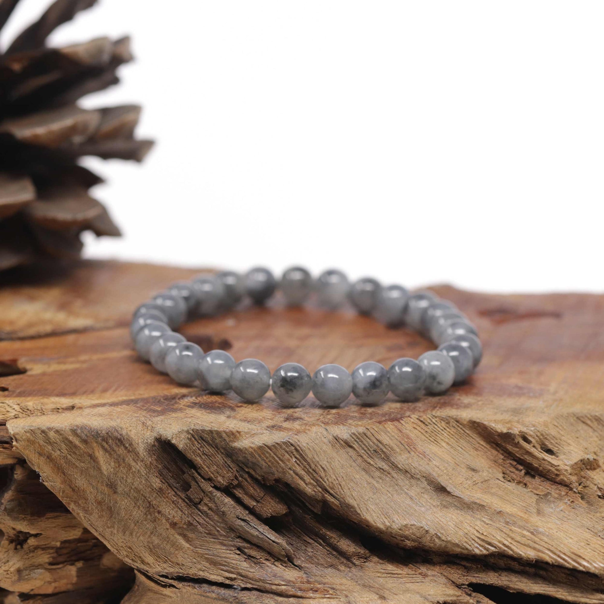 Baikalla Black &amp; Grey Wuji Genuine Jadeite Jade Round Bead Bracelet (6.5mm)
