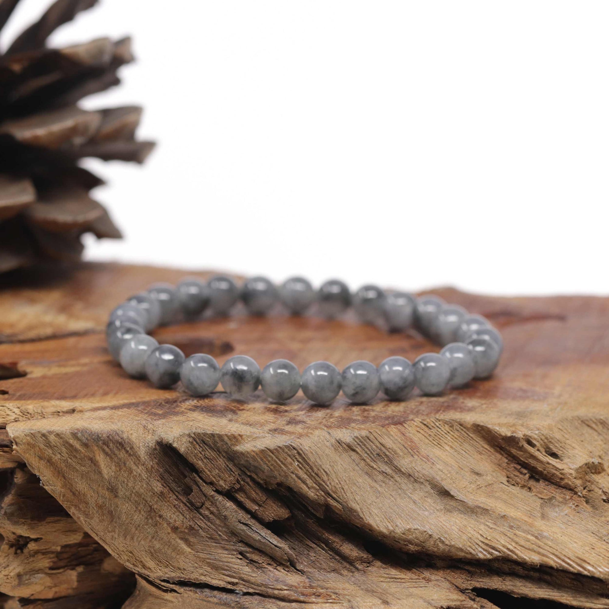 Baikalla Black &amp; Grey Wuji Genuine Jadeite Jade Round Bead Bracelet (6.5mm)