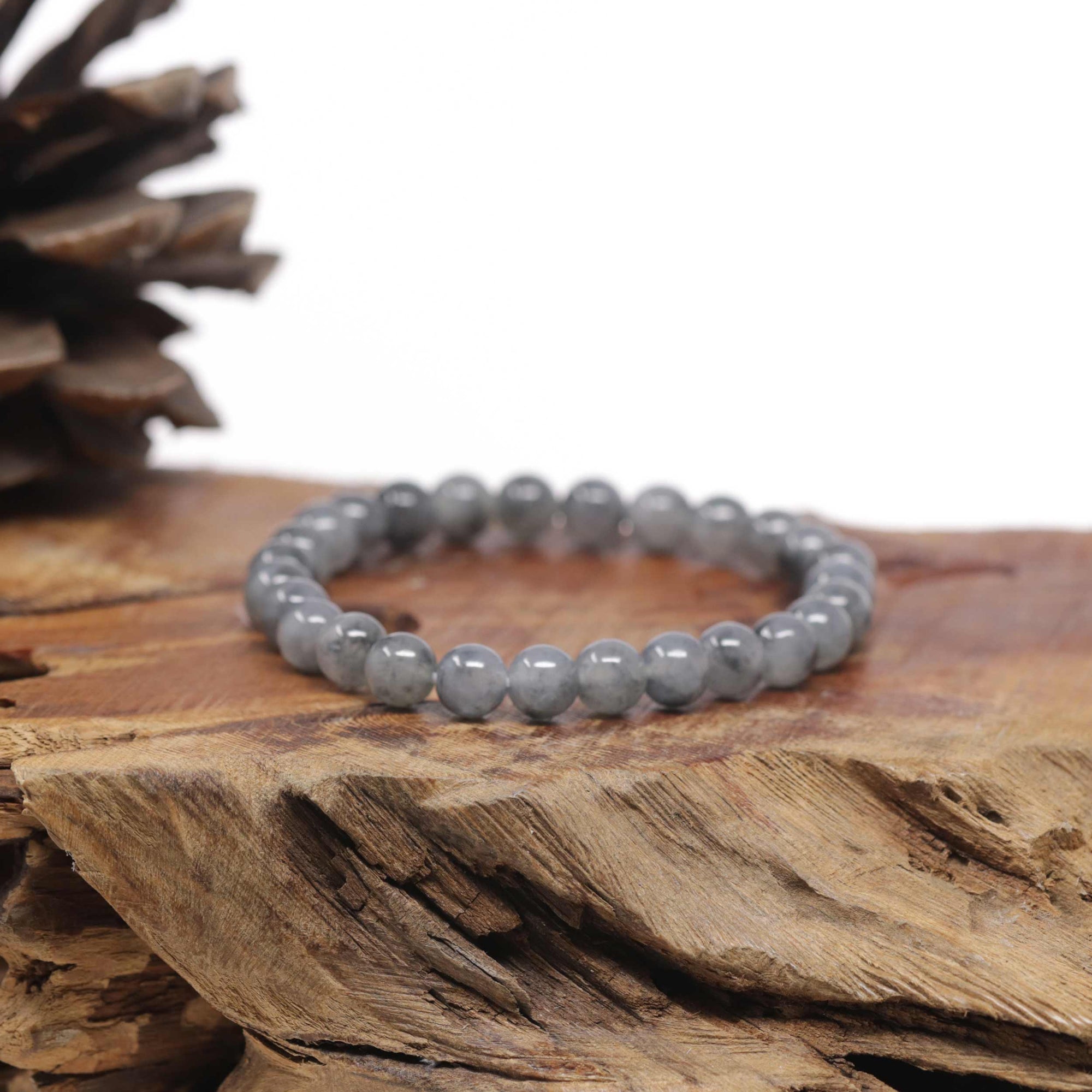Baikalla Black &amp; Grey Wuji Genuine Jadeite Jade Round Bead Bracelet (6.5mm)