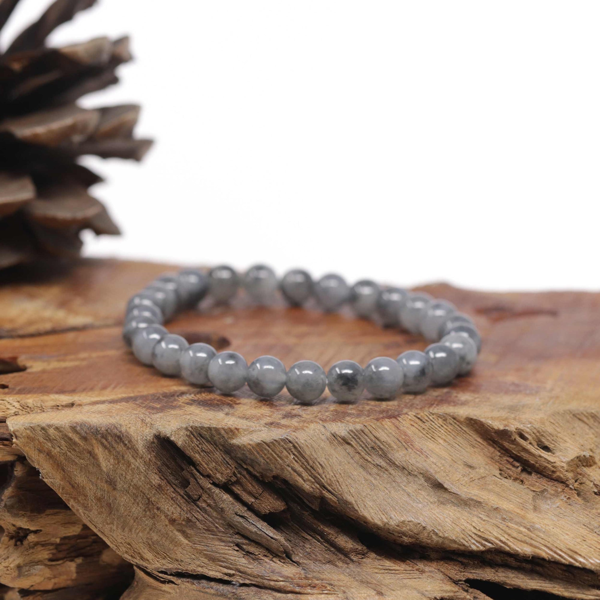 Baikalla Black &amp; Grey Wuji Genuine Jadeite Jade Round Bead Bracelet (6.5mm)
