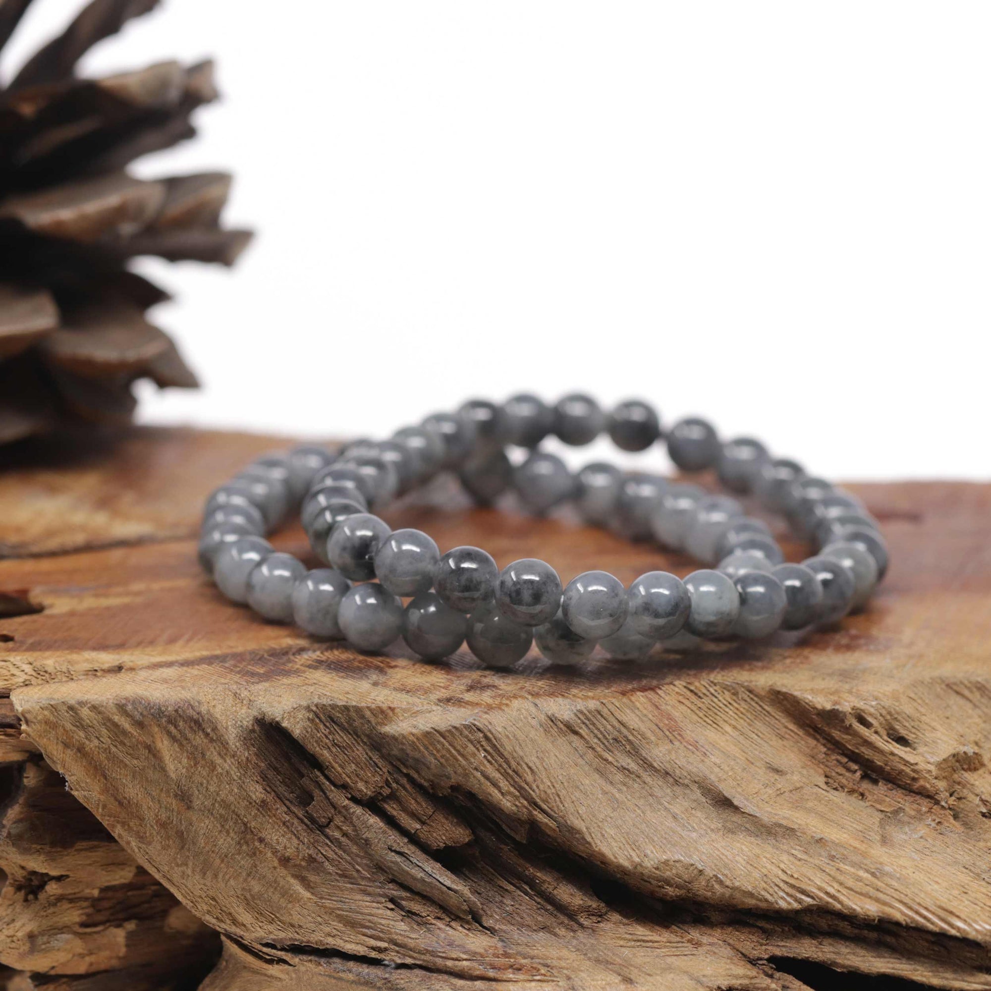 Baikalla Black &amp; Grey Wuji Genuine Jadeite Jade Round Bead Bracelet (6.5mm)
