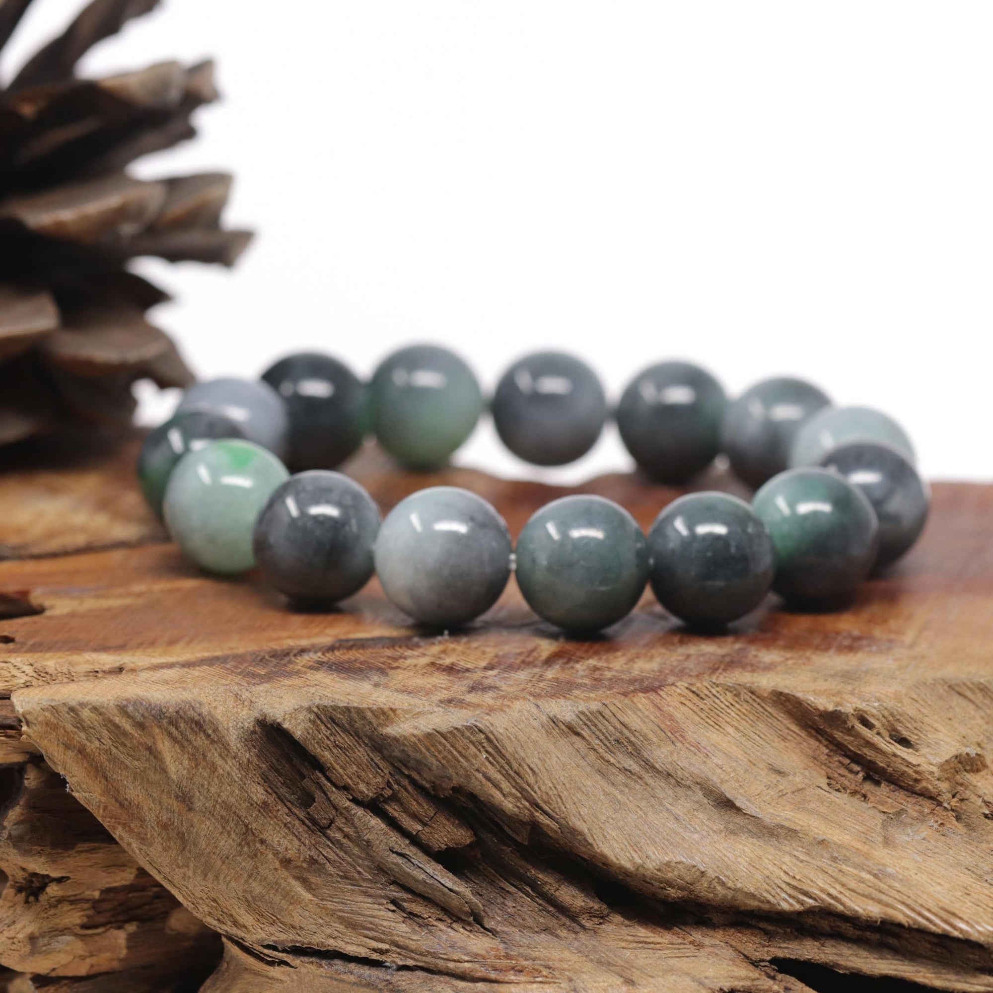 Baikalla Natural Vibrant Green &amp; Black Wuji Jadeite Jade Round Bead Bracelet (13.5 mm)