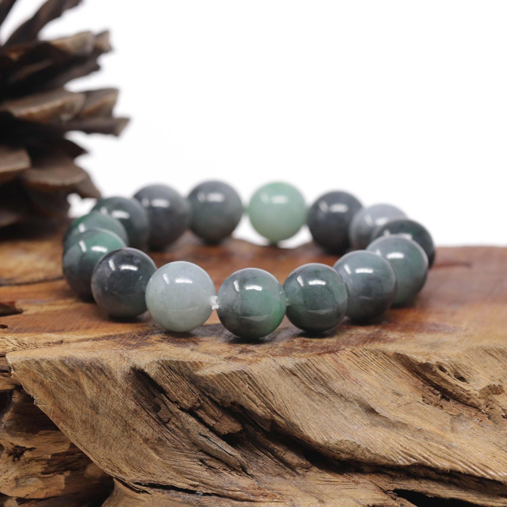 Baikalla Natural Vibrant Green &amp; Black Wuji Jadeite Jade Round Bead Bracelet (13.5 mm)