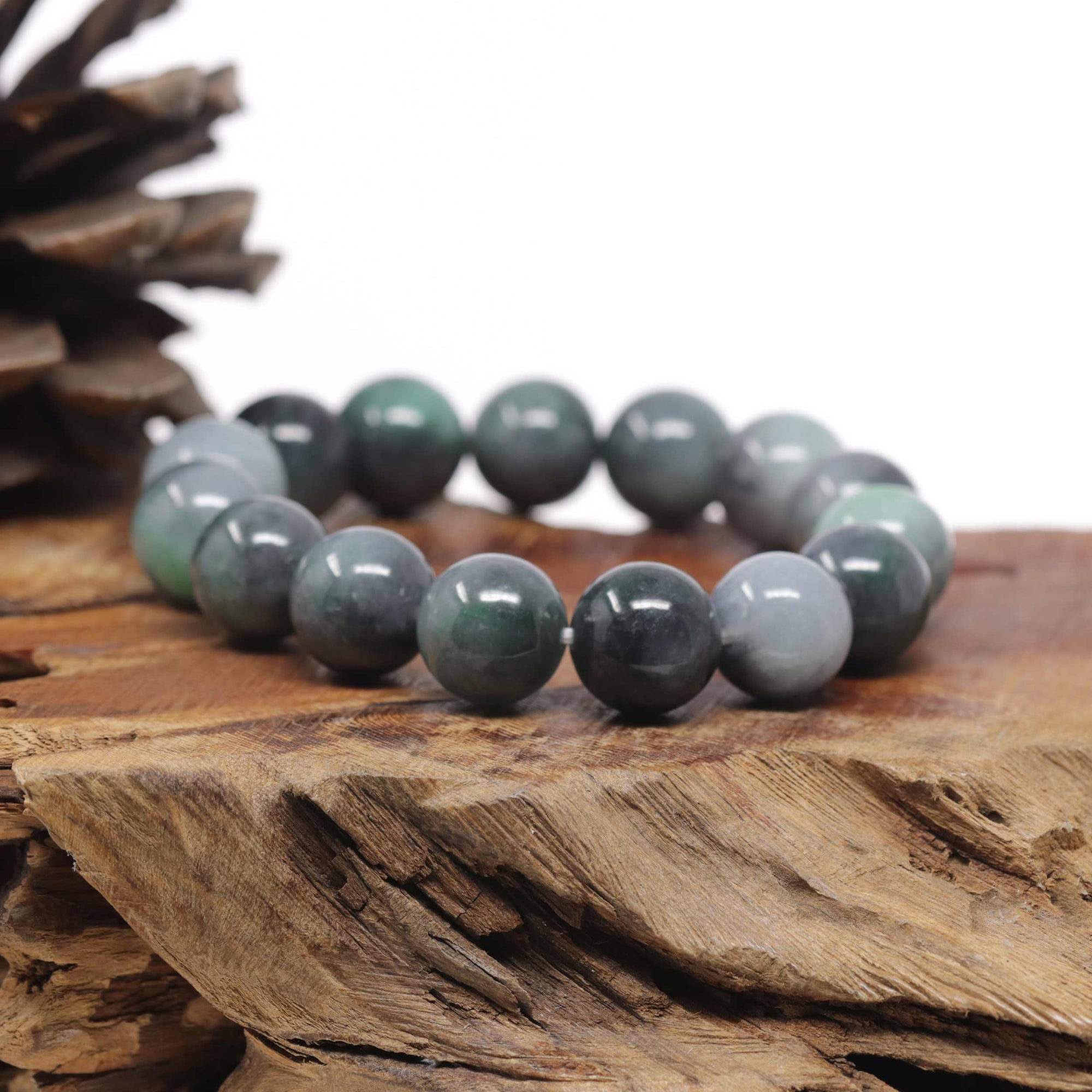 Baikalla Natural Vibrant Green &amp; Black Wuji Jadeite Jade Round Bead Bracelet (13.5 mm)