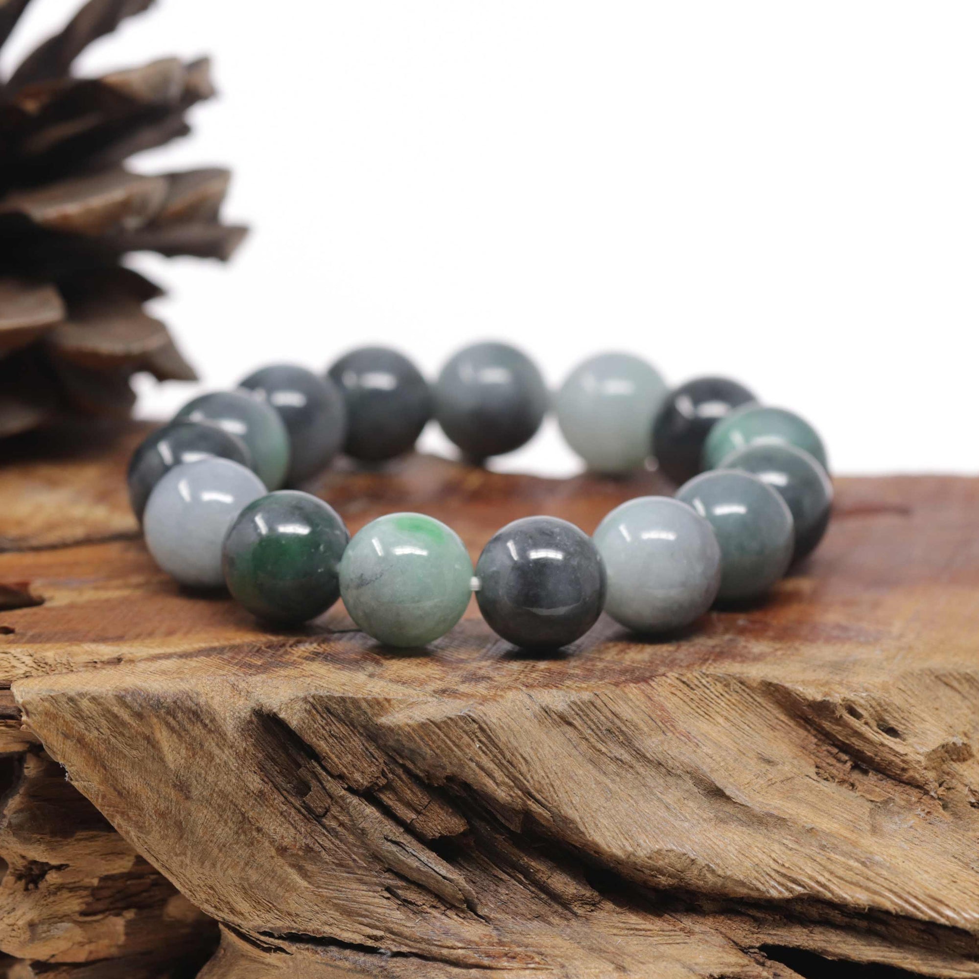 Baikalla Natural Vibrant Green &amp; Black Wuji Jadeite Jade Round Bead Bracelet (13.5 mm)