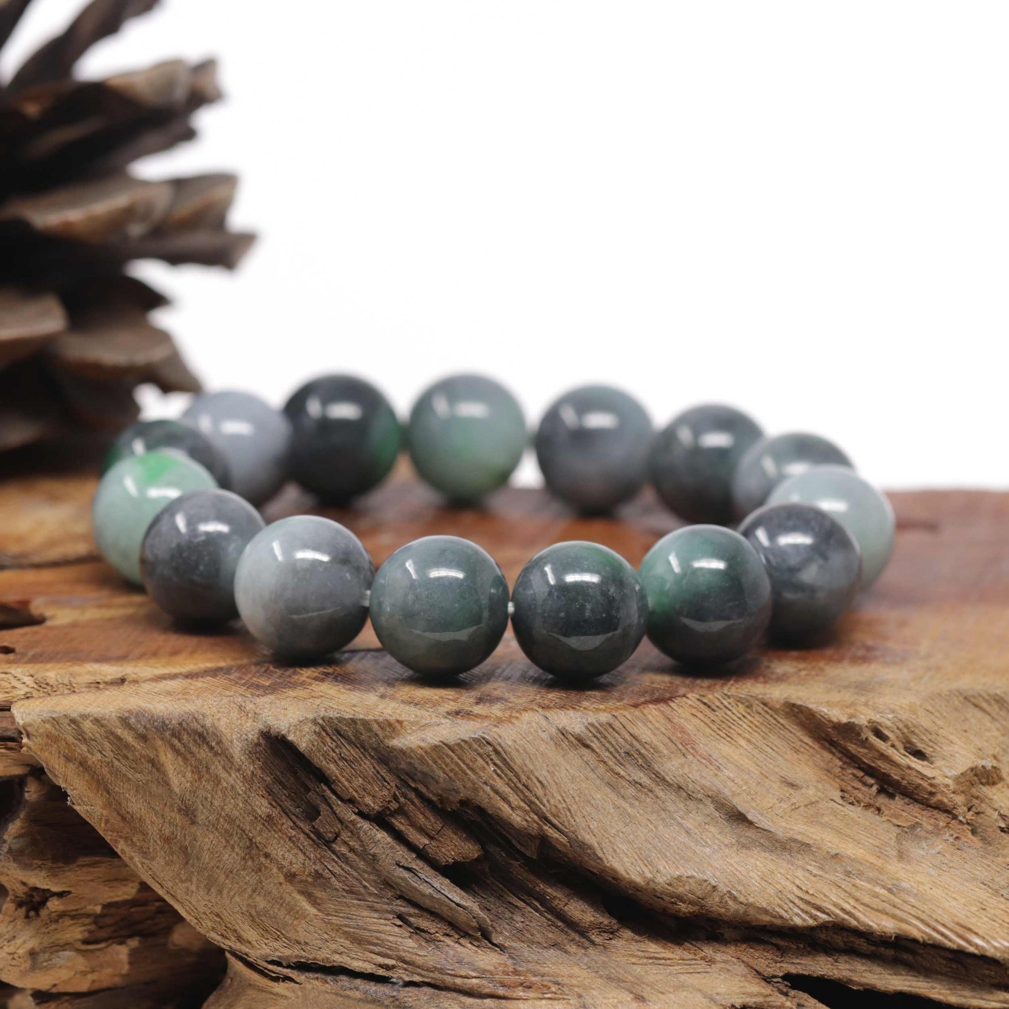 Baikalla Natural Vibrant Green &amp; Black Wuji Jadeite Jade Round Bead Bracelet (13.5 mm)